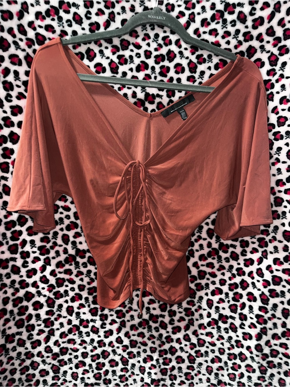 Rust Drawstring Front V-Neck Top